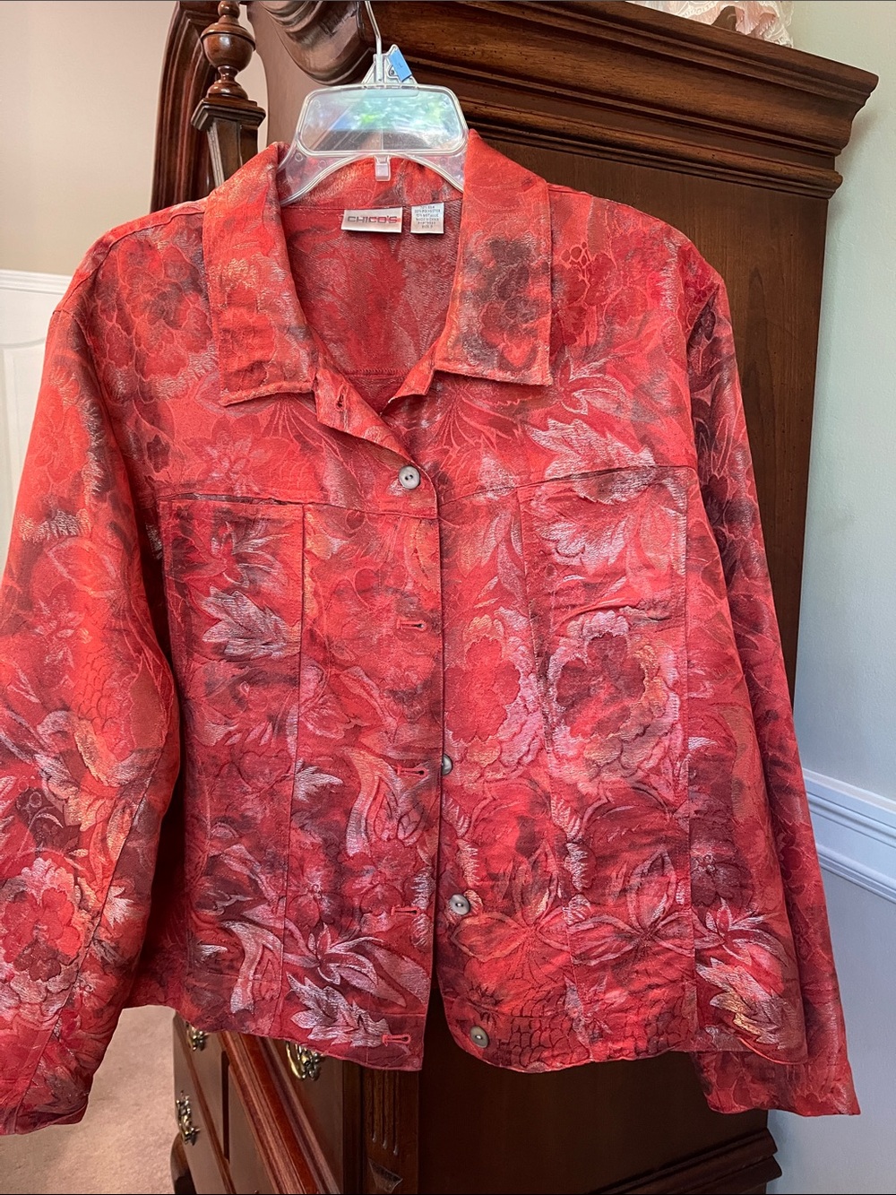 Chico's Red Floral Button-Front Jean Jacket